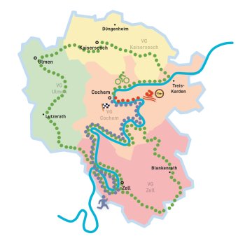 Landkreiskarte mit Ironmanstrecke Die Ironmandistanz zur Veranschlaulichung auf einer Karte des Landkreises Cochem-Zell