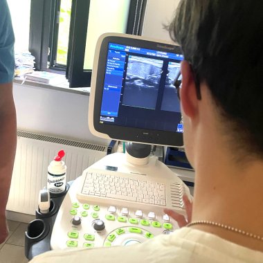 Einer der Famulanten während praktischen Übungen beim Sonografiekurs in Ulmen