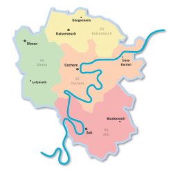 Karte des Landkreises Cochem-Zell Karte des Kurvenkreises "CochemZell" mit seinen vier Verbandsgemeinden Cochem, Kaisersesch, Ulmen und Zell.