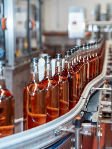 Weinflaschen durchlaufen die Produktionsanlage von ZGM