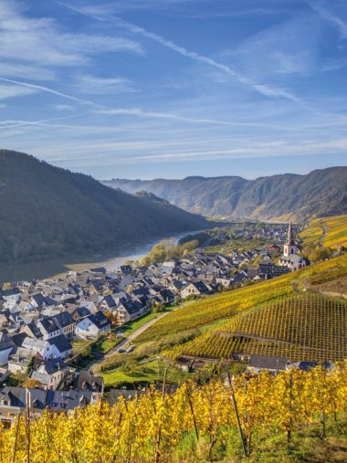 Der Blick auf den Moselort Ediger-Eller mit Calmont im Hintergrund